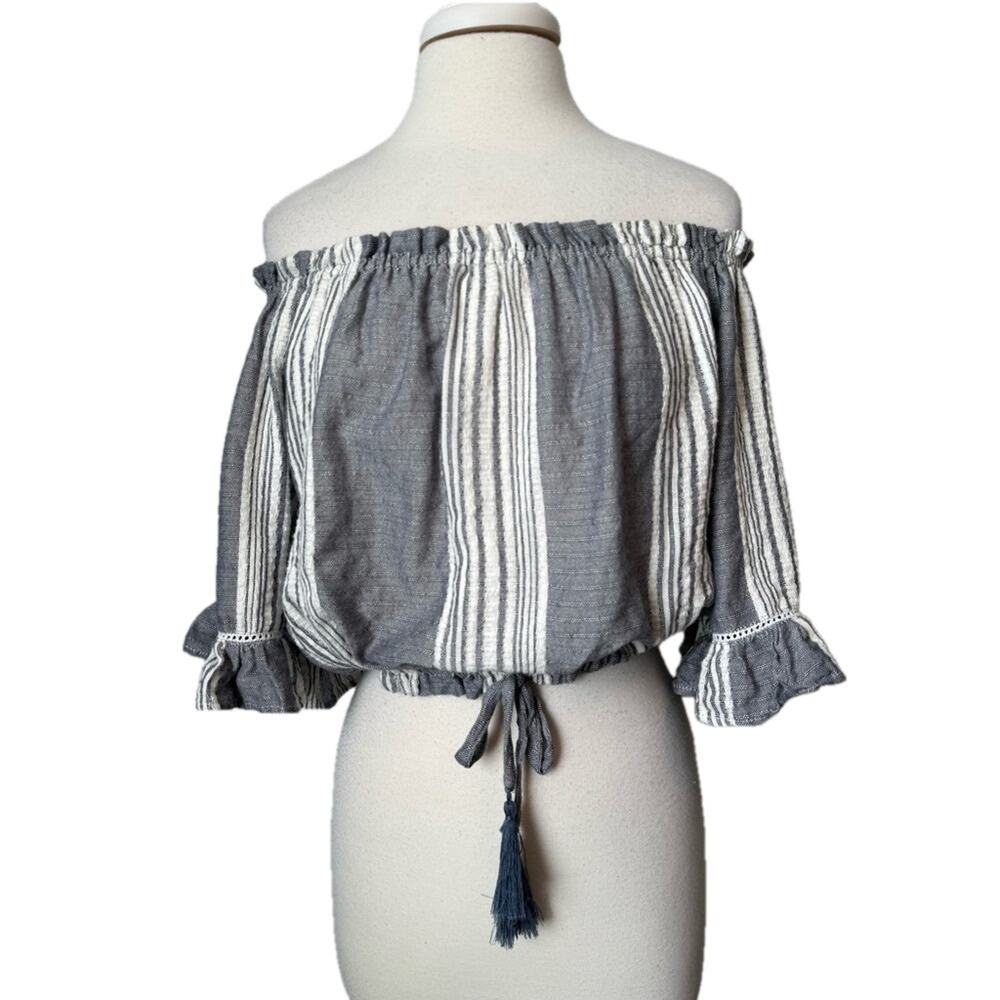 Surf Gypsy Womens M Boho Woven Off Shoulder Bell Sleeve Tassel Cropped Top Beach